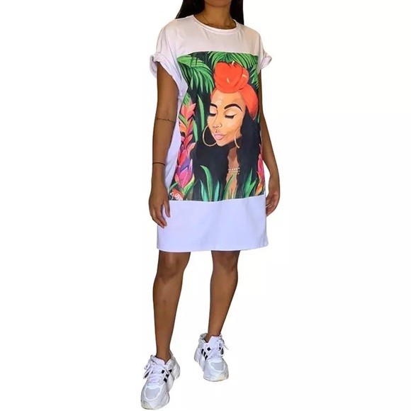 Oversized T Shirt Dress Women Short Sleeve Character Print Tunic Mini Streetwear - Picture 2 of 2